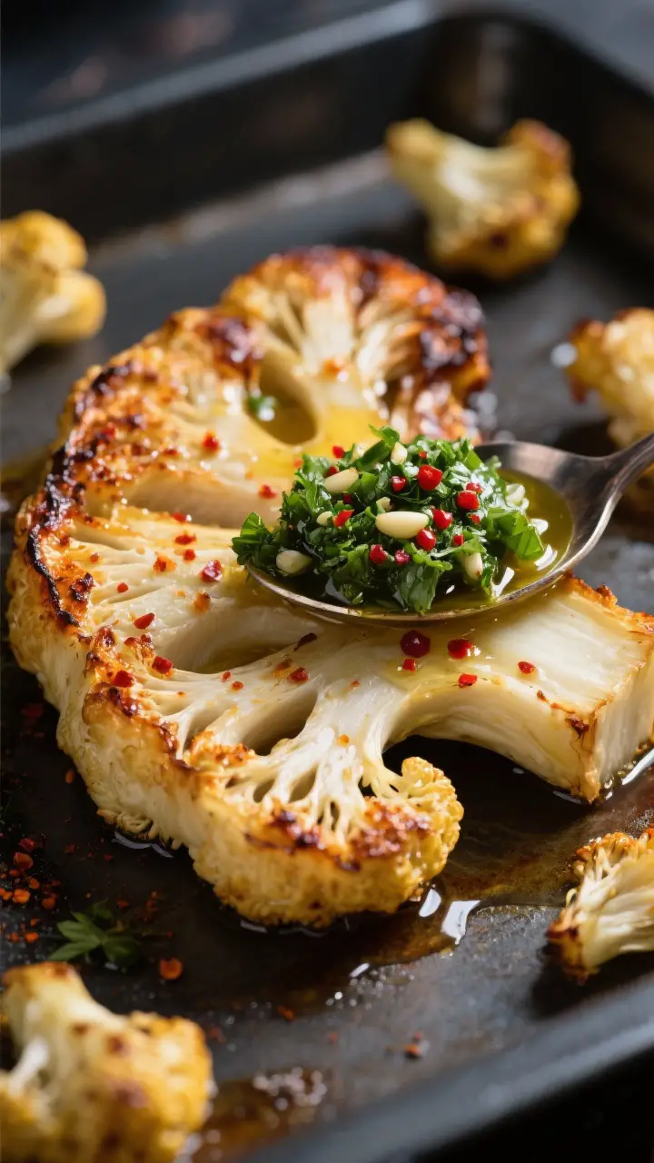 Close-up detail: A thick, roasted cauliflower steak just out of the oven, edges deeply caramelized a