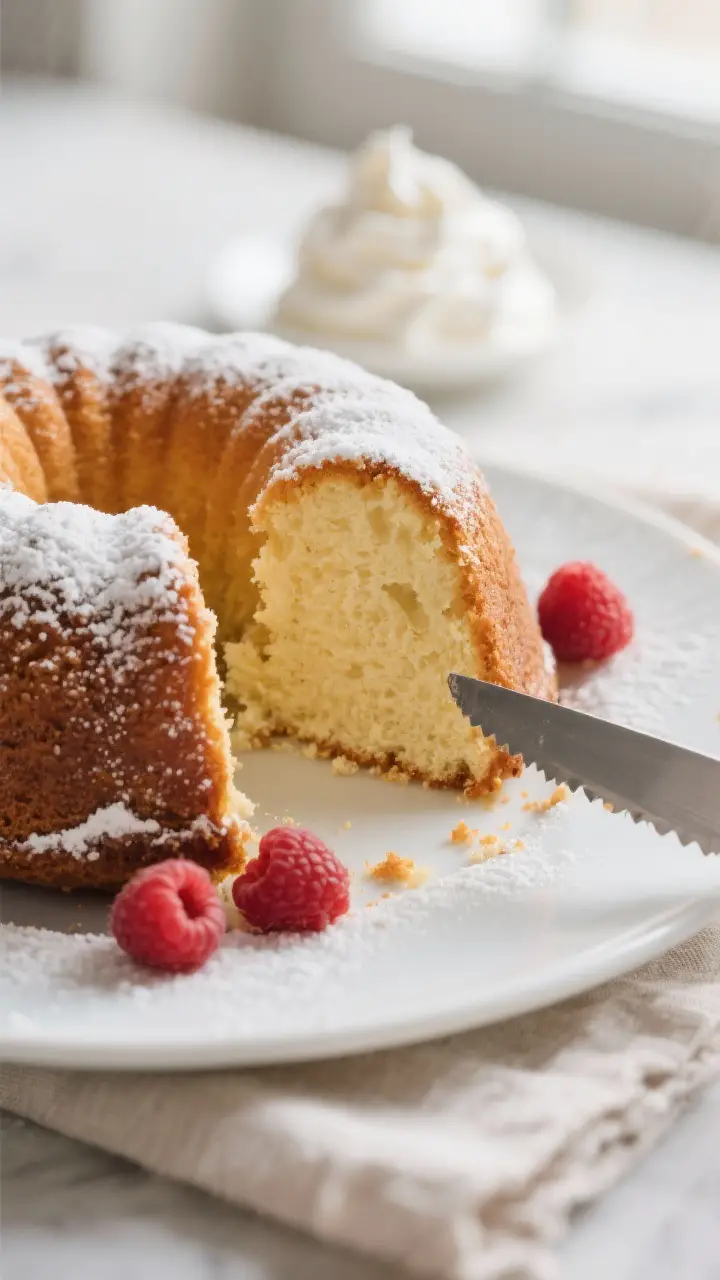 Close-up detail: A thick slice of cream cheese pound cake just cut with a serrated knife, showing a 