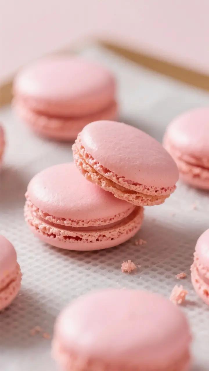Close-up detail: A tight macro of freshly baked pink macaron shells cooling on a silicone mat, showc