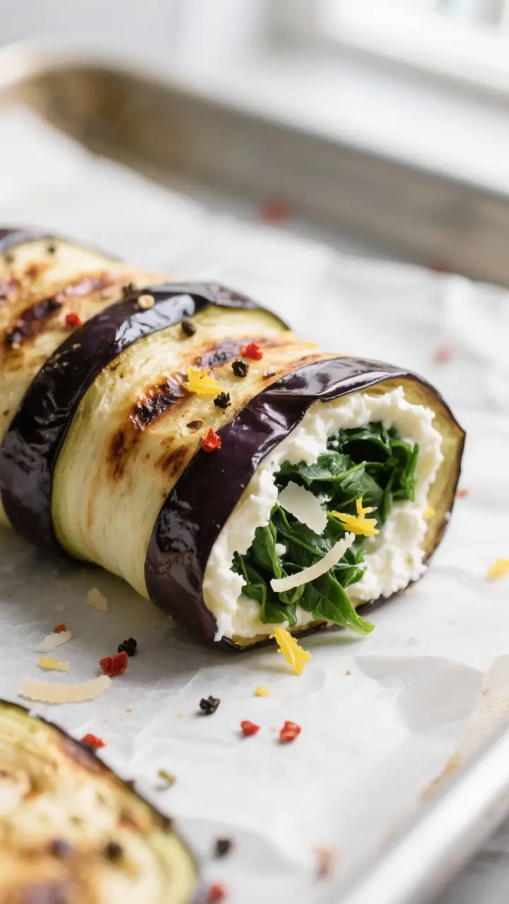 Close-up detail: A tight macro shot of roasted eggplant slices being rolled with a creamy ricotta-sp