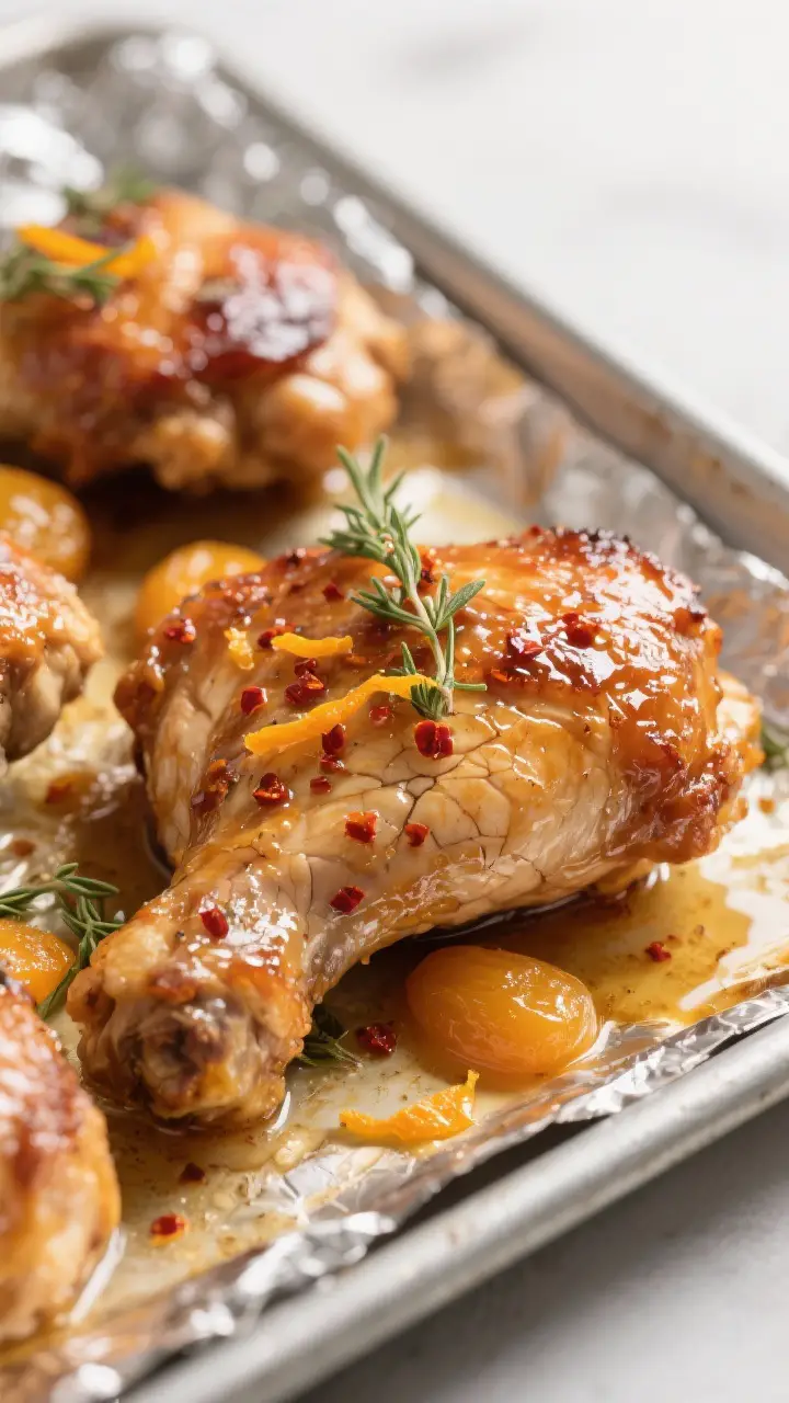 Close-up detail: Apricot glazed chicken thighs just out of the oven, skin-side up with glossy, caram