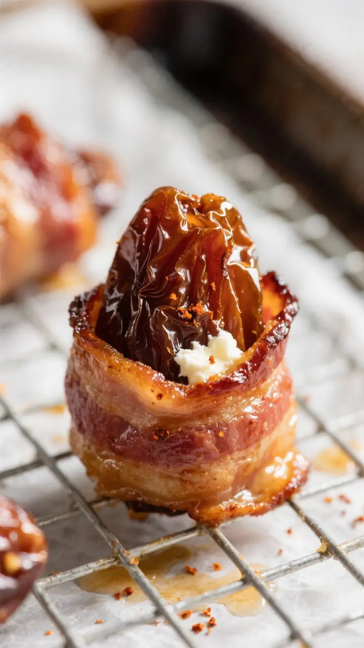 Close-up detail: Bacon-wrapped Medjool date just out of the oven, bacon rendered and crisp with deep