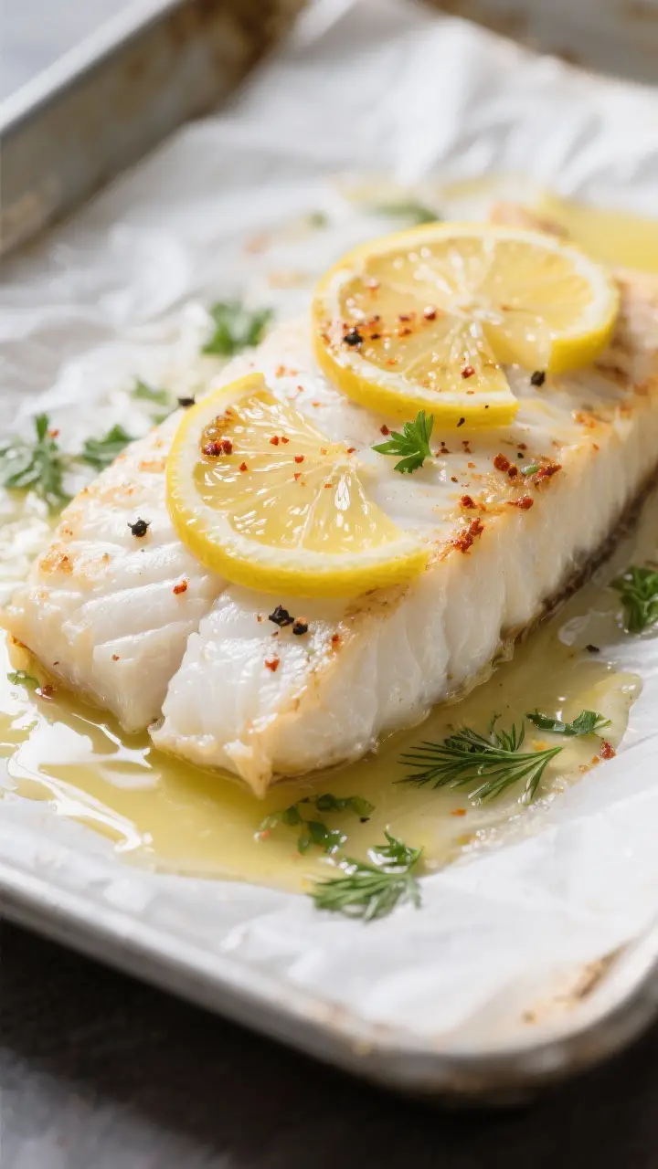 Close-up detail: Baked halibut fillet just out of the oven, lemon-butter pooling in the pan and glis