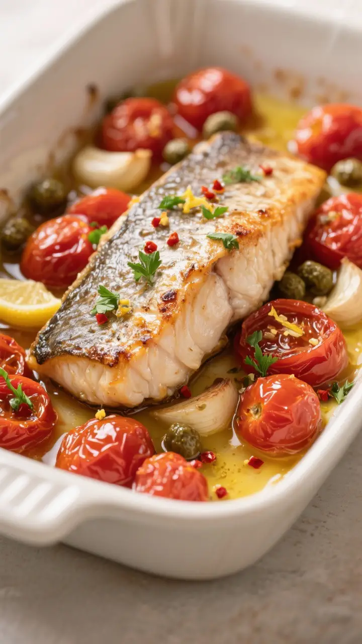 Close-up detail: Baked snapper fillet nestled over jammy roasted cherry tomatoes, skin side up with 
