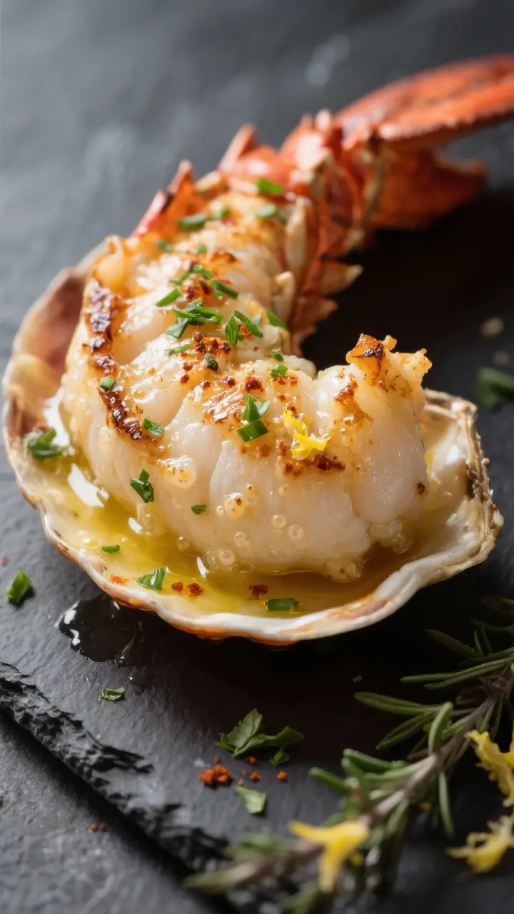 Close-up detail: Broiled garlic herb butter lobster tail meat perched on the shell, glistening with 