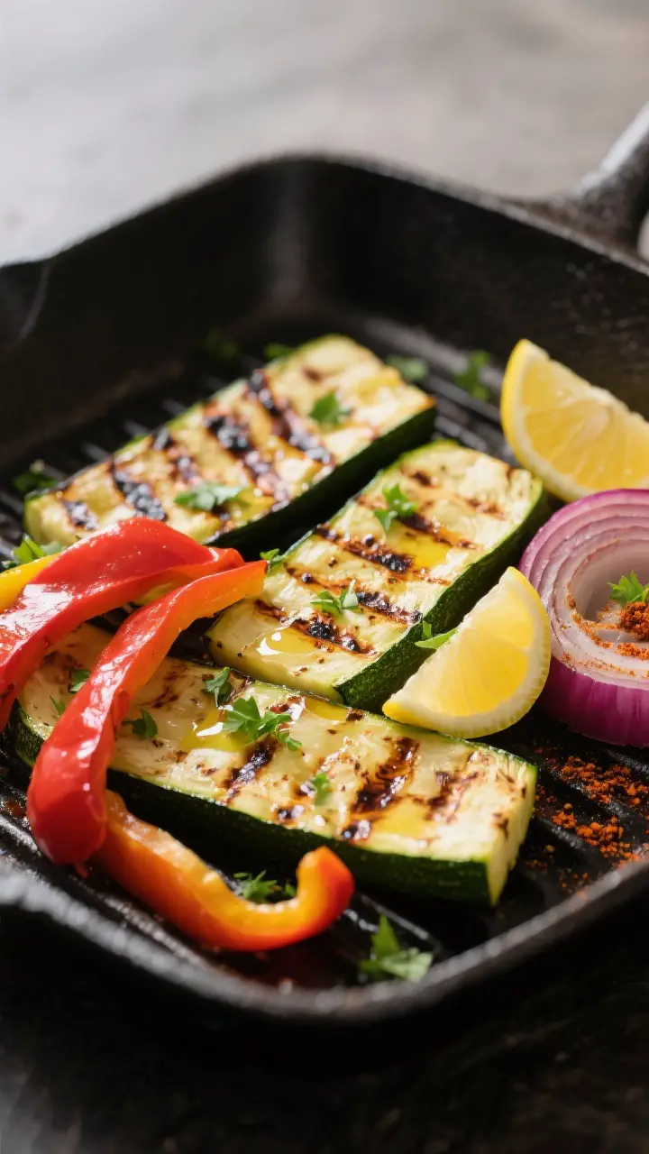 Close-up detail: Charred zucchini planks, blistered red and yellow bell pepper strips, and carameliz