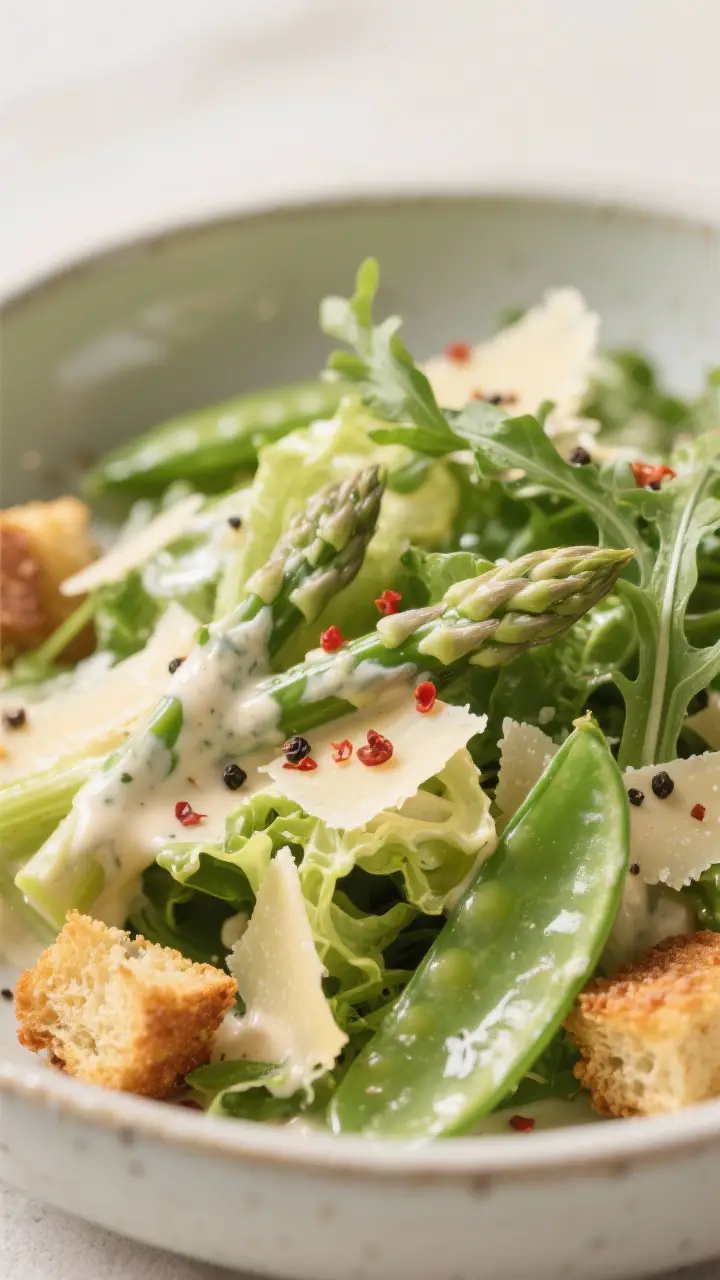 Close-up detail — Creamy, anchovy-forward Caesar dressing coating spring greens: Macro shot of rom