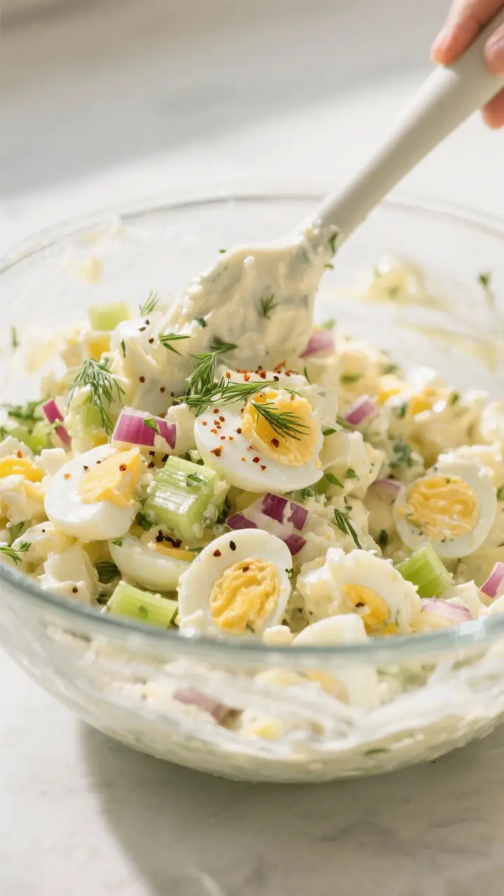 Close-up detail: Creamy egg salad being gently folded in a wide glass mixing bowl with a silicone sp
