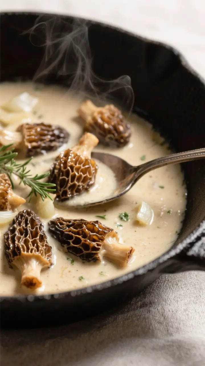 Close-up detail: Creamy morel mushroom sauce in a wide skillet, morels halved and lightly browned wi