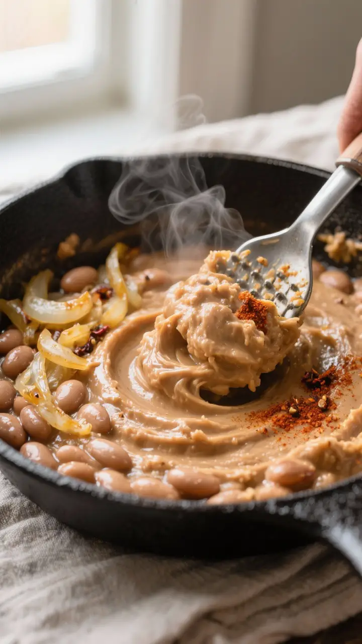 Close-up detail: Creamy refried pinto beans being mashed right in a cast-iron skillet with a potato