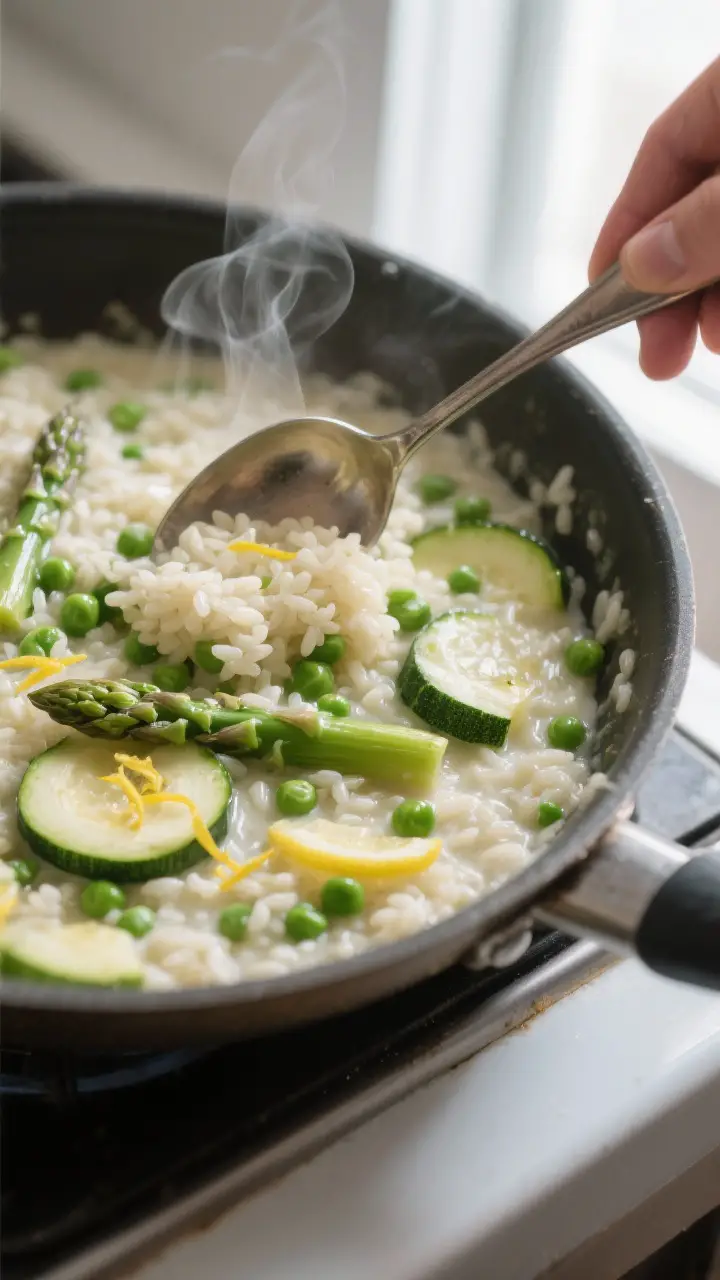 Close-up detail: Creamy spring vegetable risotto mid-cook in a wide, heavy skillet, spoon stirring i