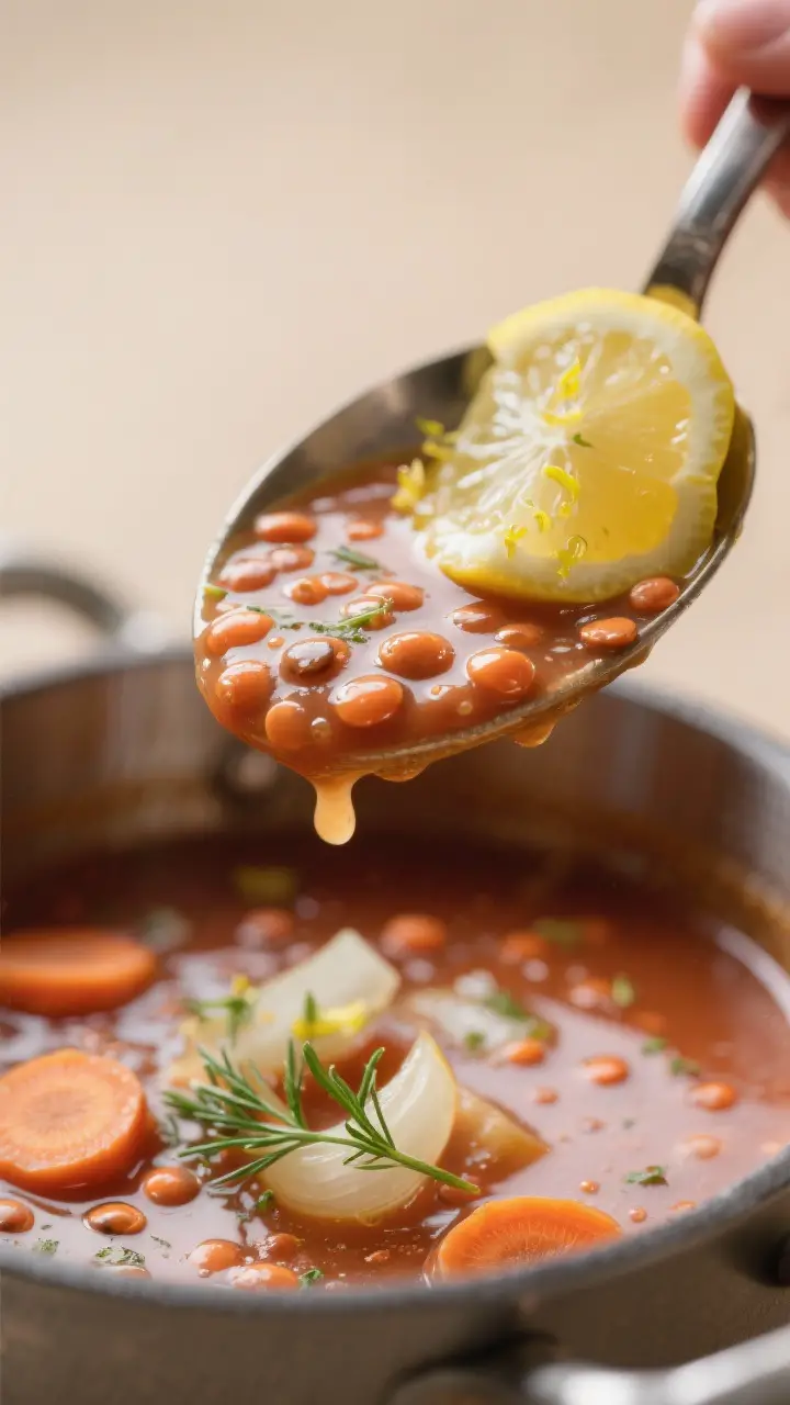 Close-up detail, creamy texture: Tight macro shot of a ladle lifting Lemony Lentil Soup from the pot