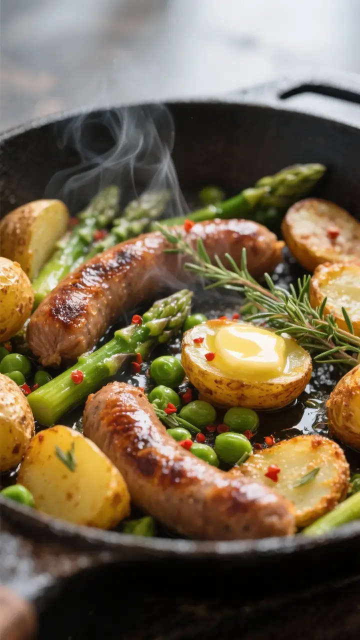 Close-up detail: Crispy-edged baby potatoes and browned sausage rounds sizzling together in a skille