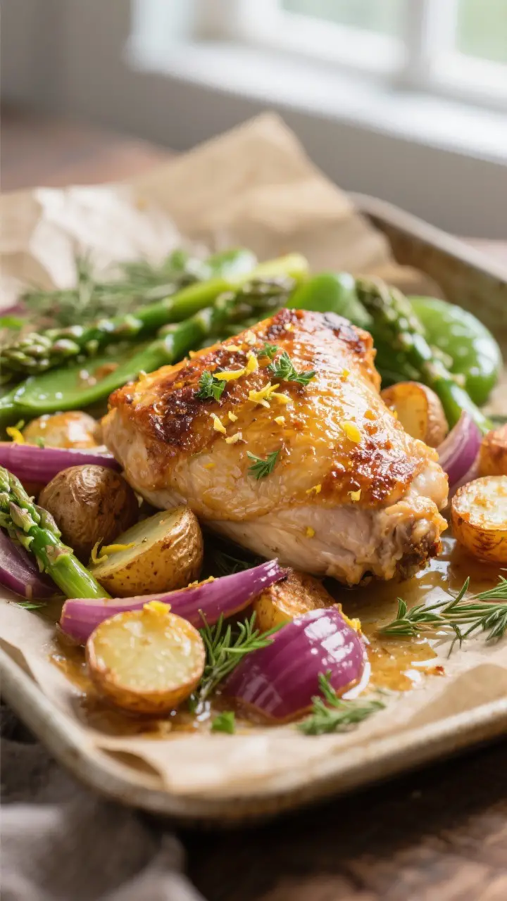 Close-up detail: Crispy-skinned roasted chicken thigh nestled over caramelized baby potatoes and red
