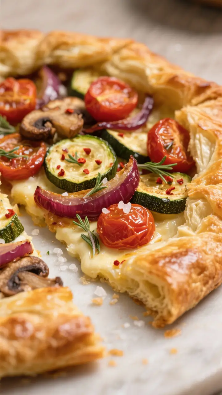 Close-up detail: Extreme close-up of a baked roasted vegetable galette slice just cut, showing deepl