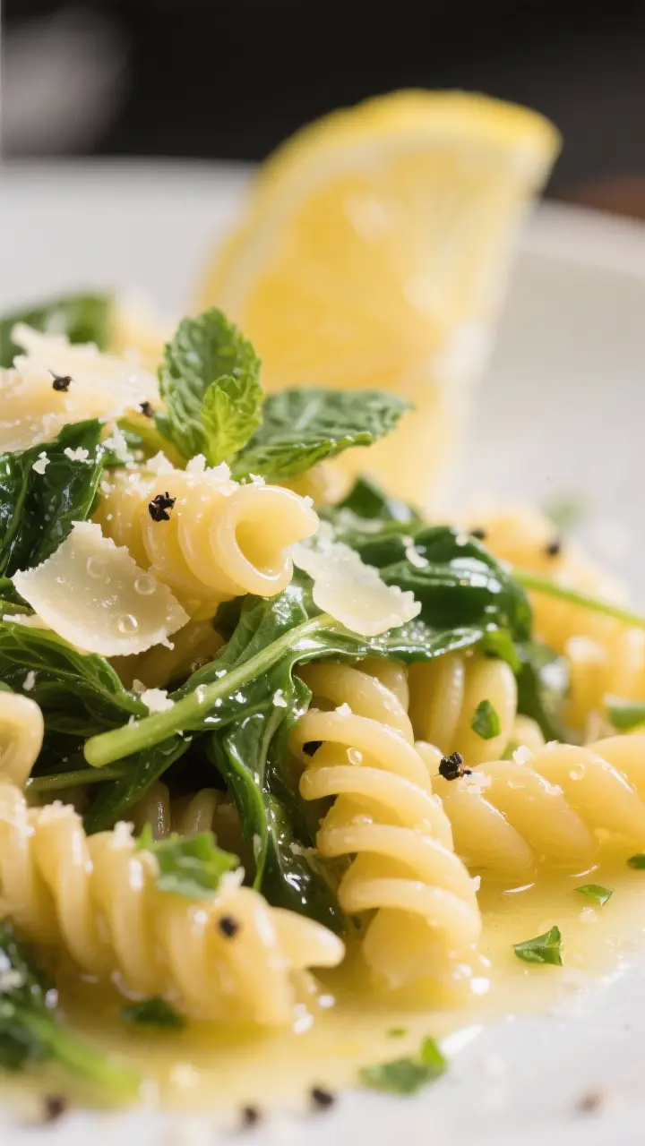 Close-up detail — final toss: Gemelli pasta glistening with a silky, lemony pan sauce, ribbons of