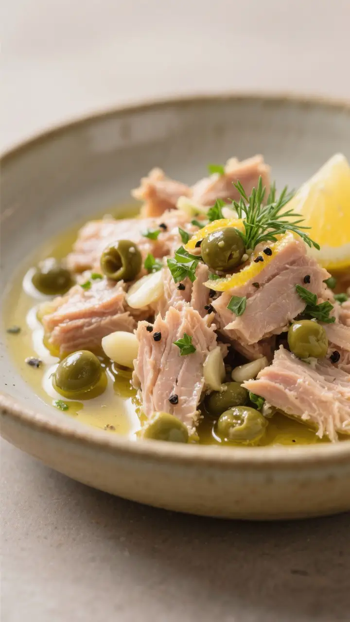 Close-up detail: Flaked olive-oil-packed tuna tossed with lemon-garlic-Dijon dressing in a ceramic b