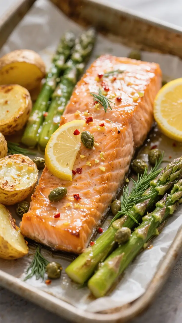 Close-up detail: Flaky roasted salmon fillet on a sheet pan with tender-crisp asparagus and golden, 
