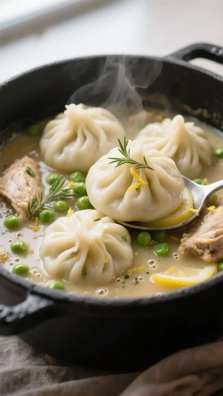 Close-up detail: Fluffy dumplings steaming on top of a silky chicken stew, peas peeking through the 
