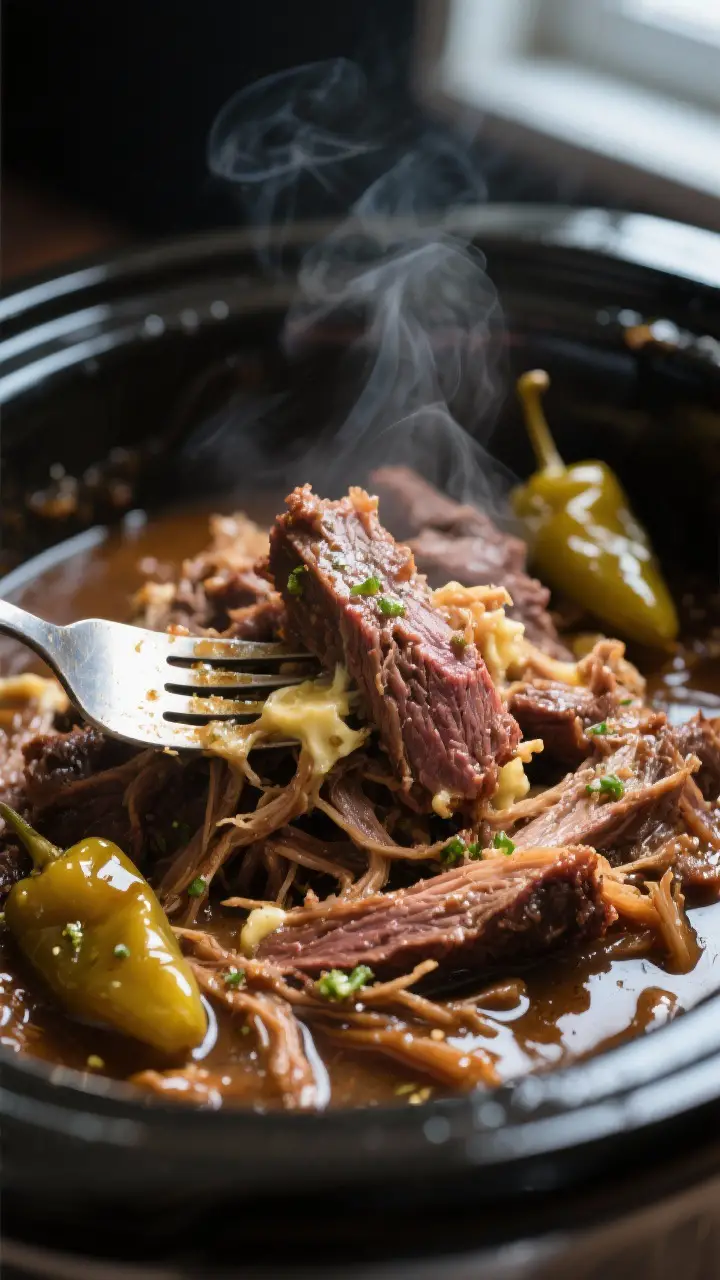 Close-up detail: Fork-tender Mississippi Pot Roast being shredded in the slow cooker, glistening str