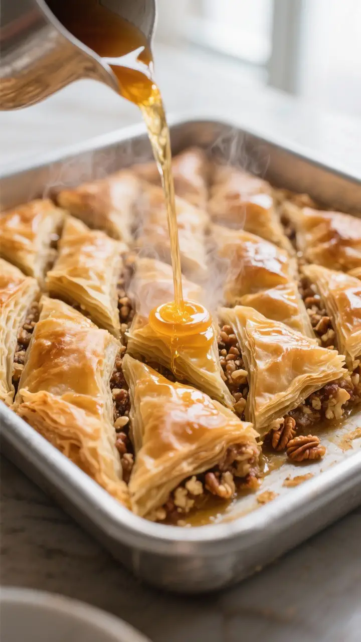 Close-up detail: Freshly baked baklava just out of the oven, deep golden and crisp phyllo layers sco