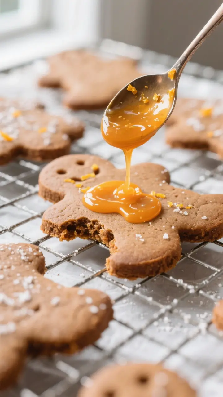 Close-up detail: freshly baked gingerbread cookie cutouts cooling on a wire rack, surfaces matte and