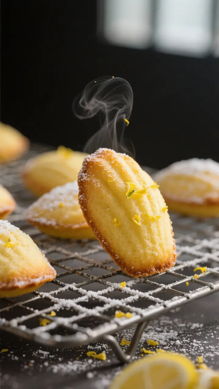 Close-up detail: Freshly baked lemon madeleines just turned out onto a wire rack, golden edges with 