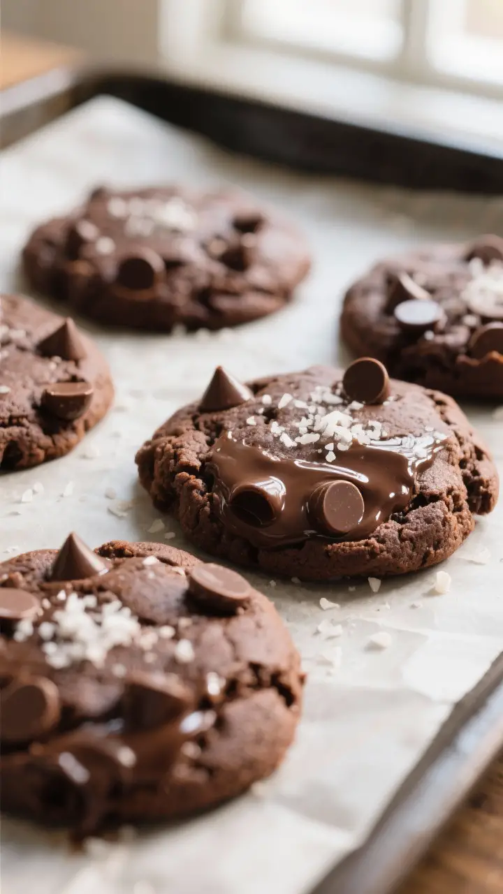 Close-up detail: Freshly baked triple chocolate cookies just out of the oven on a parchment-lined sh