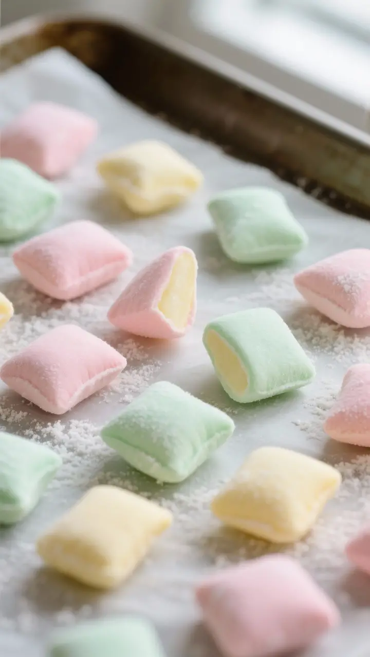 Close-up detail: Freshly cut butter mints in pastel shades (light pink, mint green, pale yellow) sca