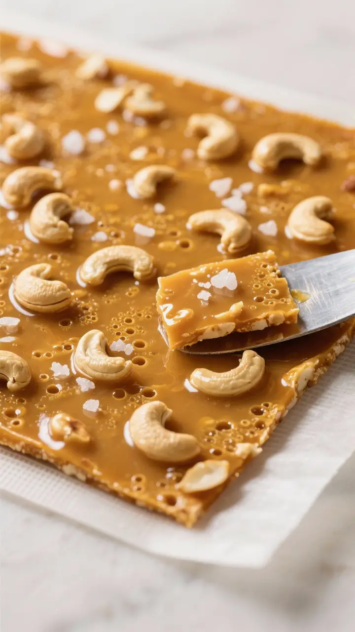 Close-up detail: Freshly poured cashew brittle just spread to 1/4-inch thickness on a silicone mat, 