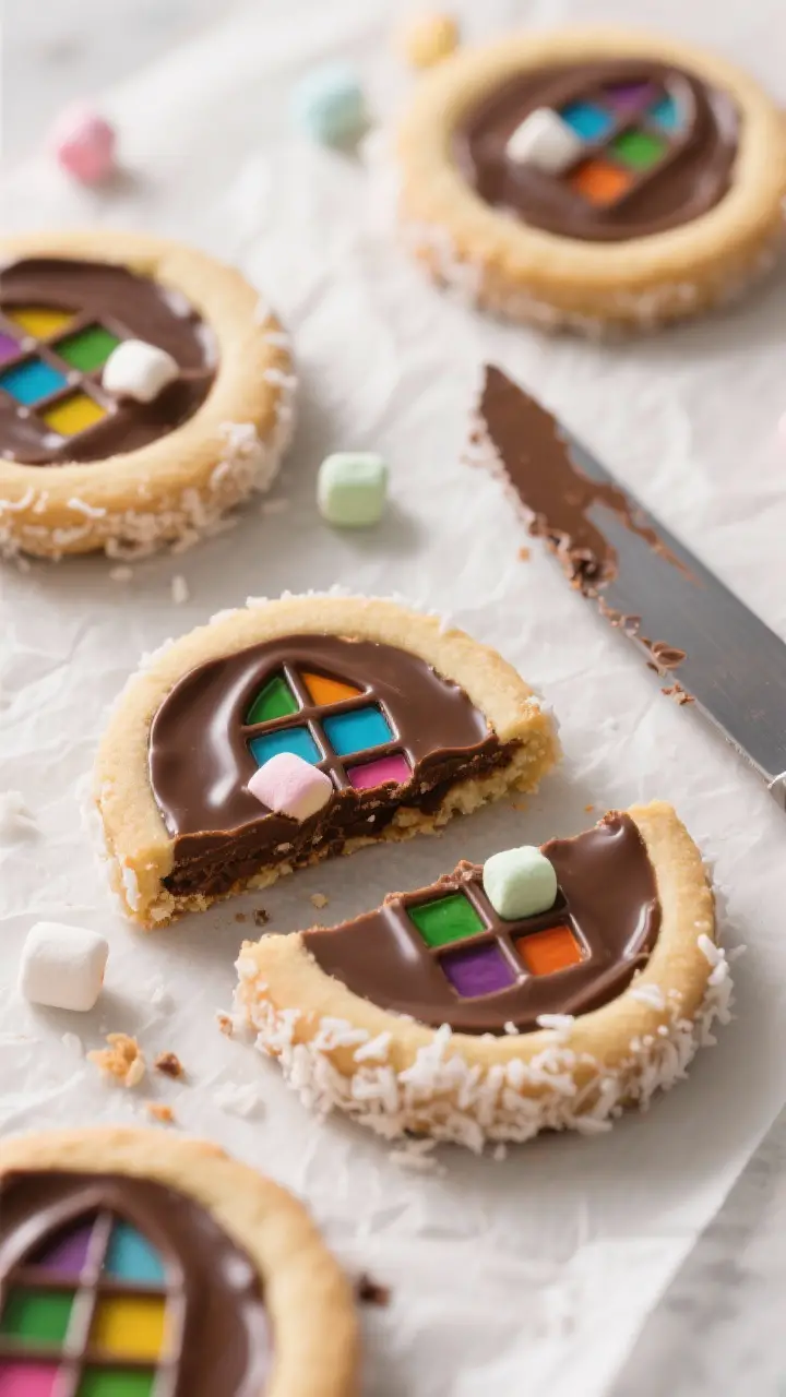 Close-up detail: Freshly sliced Church Window Cookies showing vivid rainbow mini marshmallow “stai