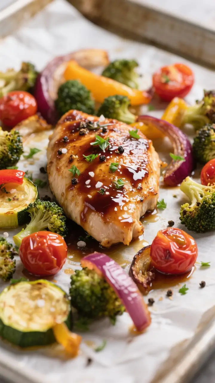 Close-up detail: Glazed balsamic chicken breast nestled among roasted broccoli florets and blistered