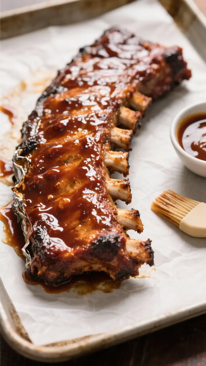 Close-up detail: Glazed BBQ ribs just out of the foil, sauce bubbling and caramelized at 425°F, glo