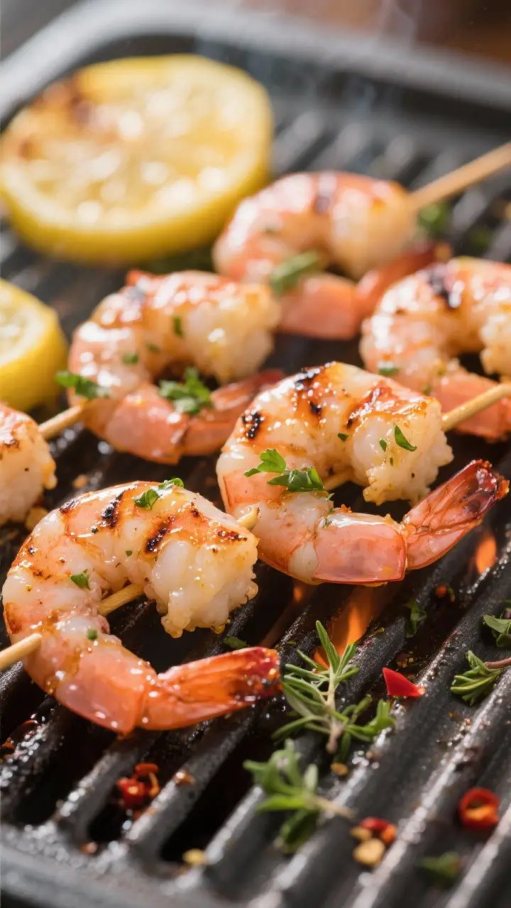 Close-up detail: Glazed grilled lemon-herb shrimp skewers sizzling on clean grill grates at medium-h