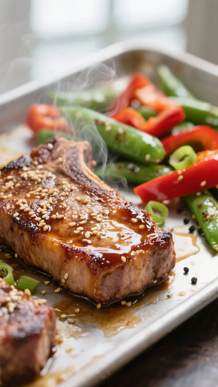 Close-up detail: Glazed honey-soy pork chop just out of the oven, lacquered surface with caramelized