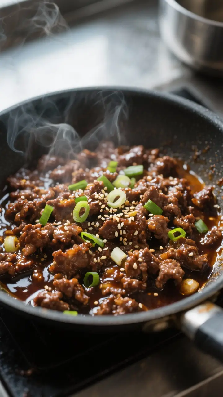 Close-up detail: Glazed Korean ground beef sizzling in a shallow skillet right after saucing, glossy