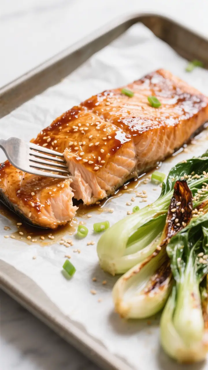 Close-up detail: Glazed salmon just out of the oven on a parchment-lined sheet pan, miso glaze caram