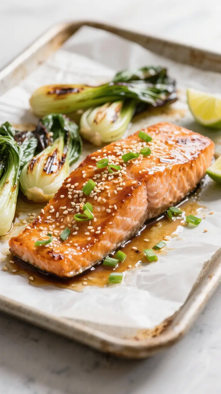Close-up detail: Glazed sesame ginger salmon just out of the oven on a parchment-lined sheet pan, fi