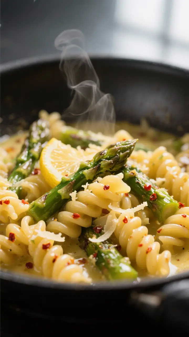 Close-up detail: Glossy cavatappi twirled with roasted asparagus tips and lemon zest in a skillet, t