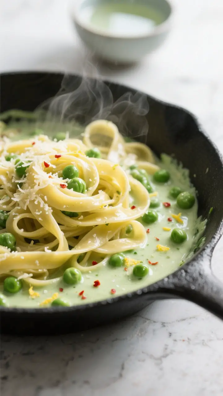 Close-up detail: Glossy fettuccine being tossed in a skillet with silky pale-green pea-cream sauce,