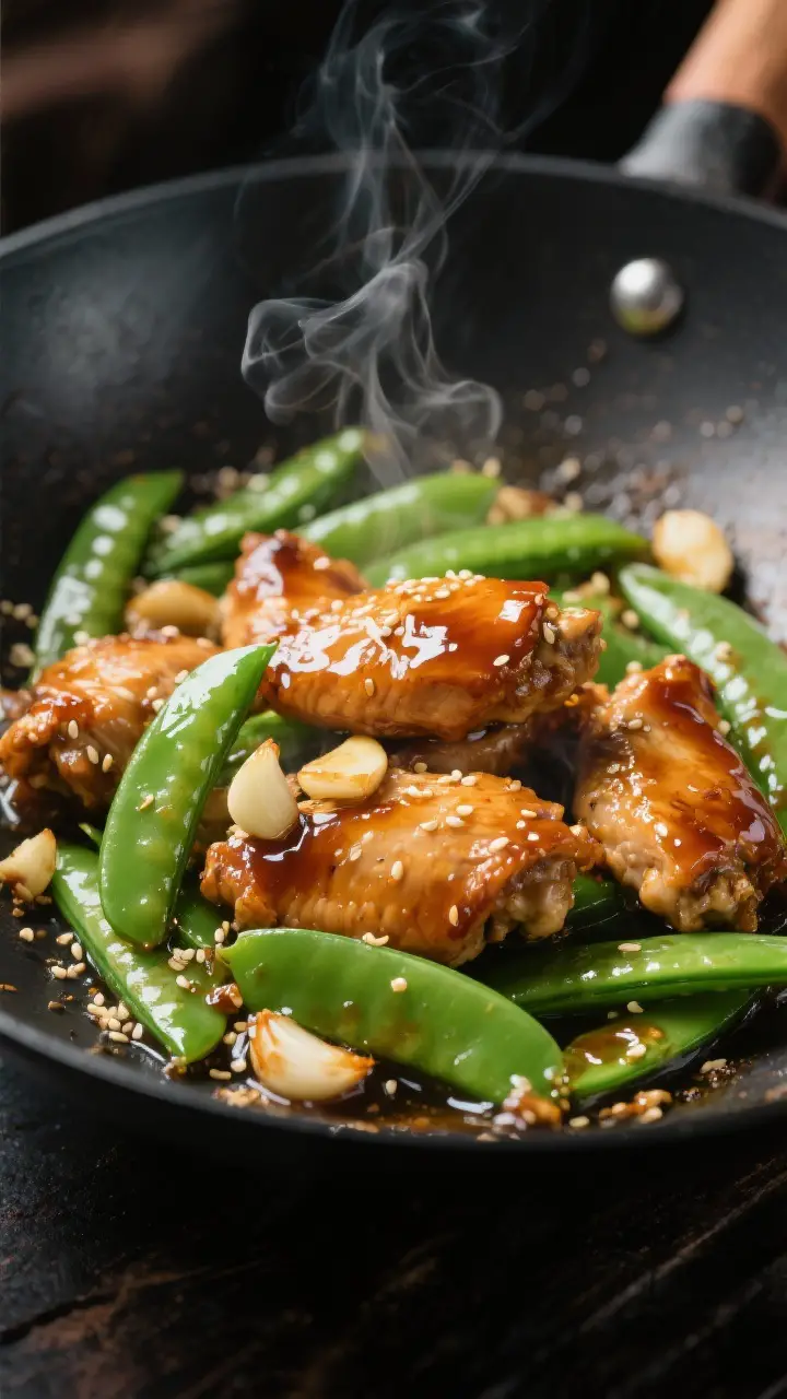 Close-up detail: Glossy honey garlic chicken and crisp-tender sugar snap peas sizzling in a wok, sau
