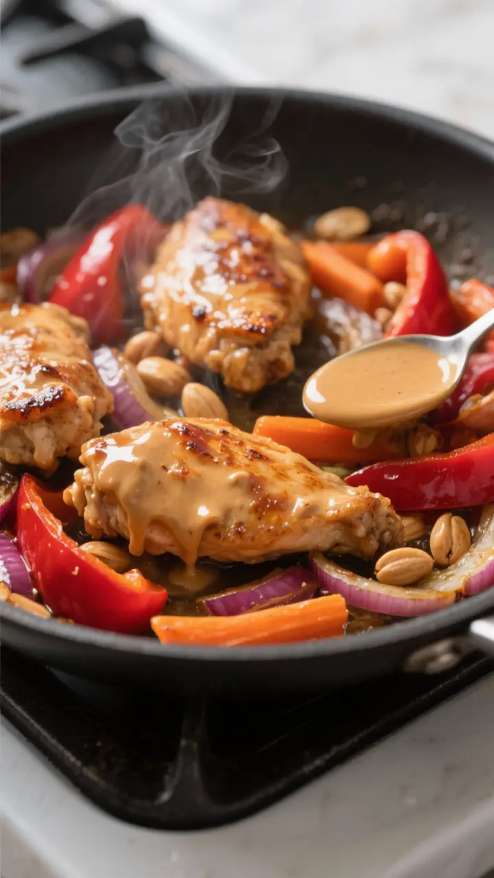 Close-up detail: Glossy peanut-sauce–coated chicken and sautéed red bell peppers, carrots, and re