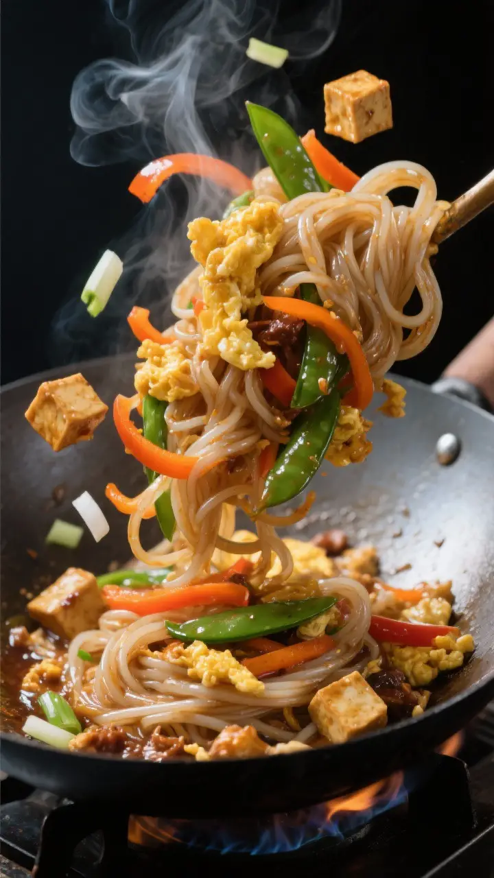Close-up detail: Glossy rice noodles and crisp-tender vegetables being tossed in a sizzling wok over
