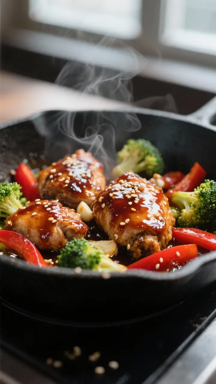 Close-up detail: Glossy teriyaki chicken thigh pieces just tossed back into the pan with the thicken