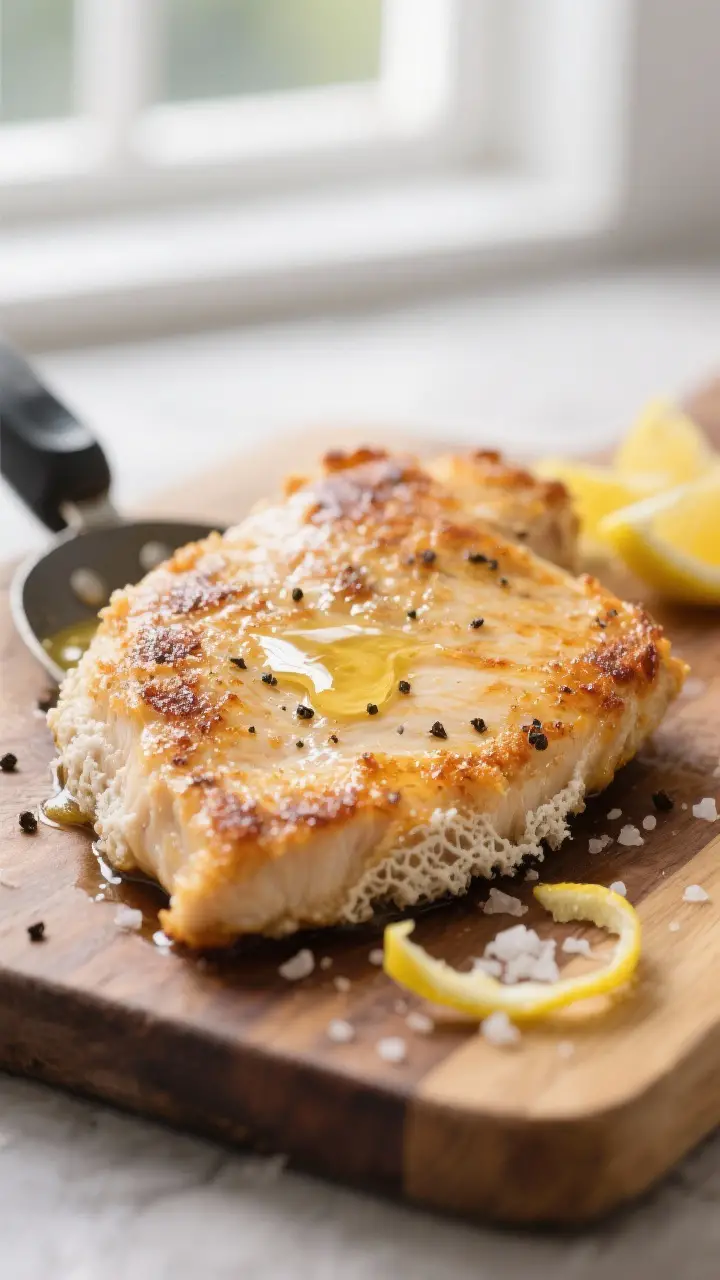 Close-up detail: Golden-brown chicken paillard just out of the skillet, crisp lacy edges and light f