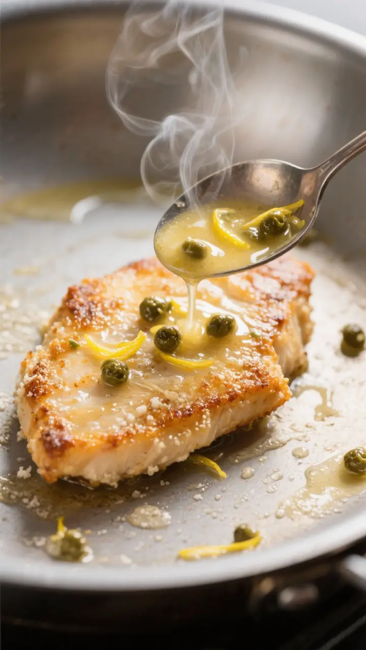 Close-up detail: Golden-brown chicken piccata cutlet just out of the pan, showing a delicate, lightl