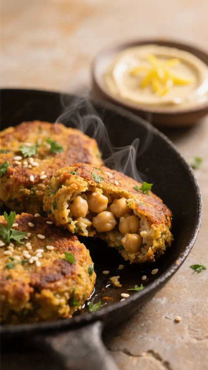 Close-up detail: Golden-brown falafel patties just out of the skillet, edges crisp and craggy with v