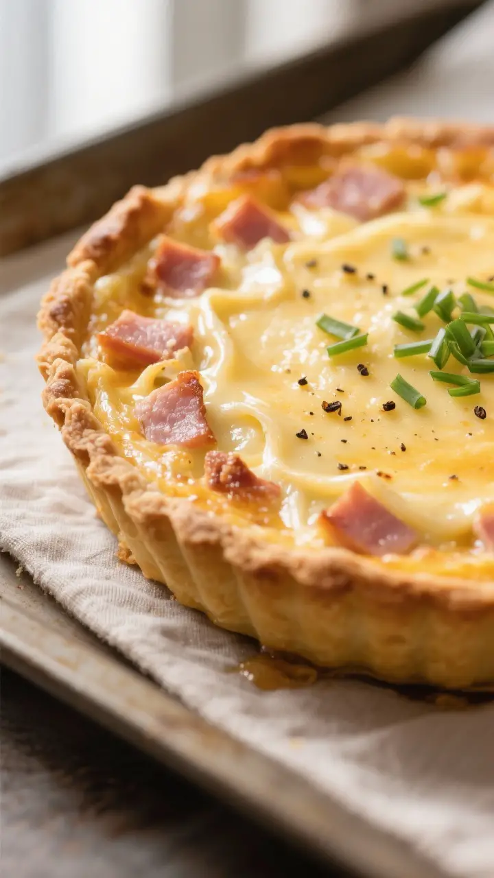 Close-up detail: Golden-brown ham and cheese quiche just out of the oven, edges puffed and lightly b