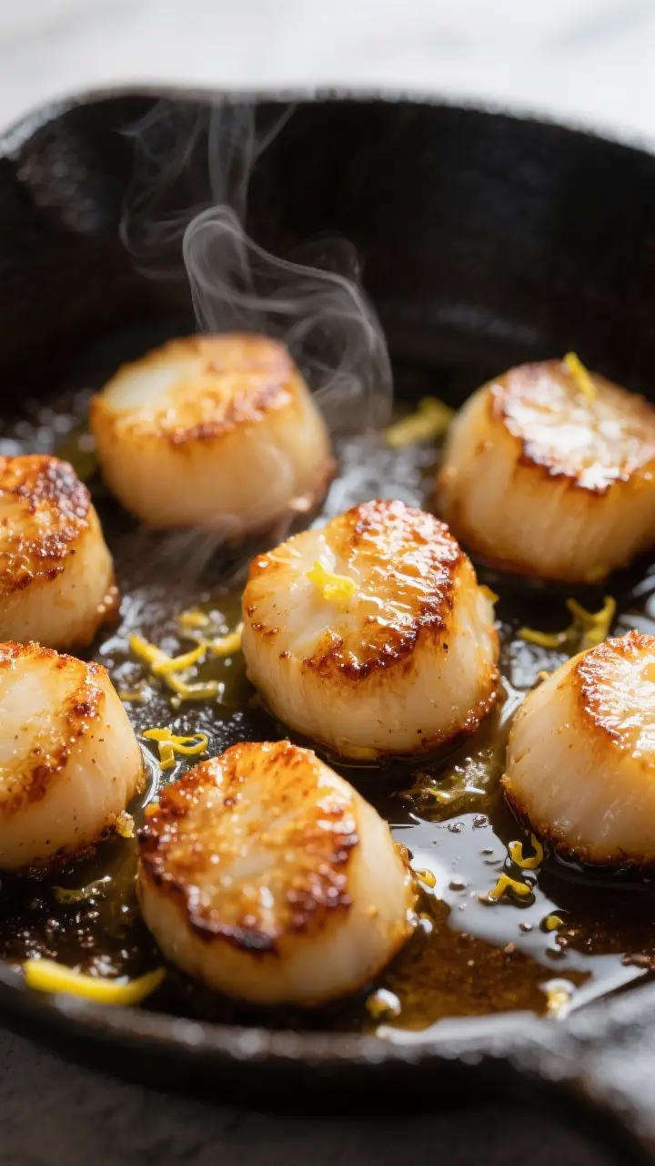 Close-up detail: Golden-brown, pan-seared sea scallops just after flipping, showing a deep carameliz