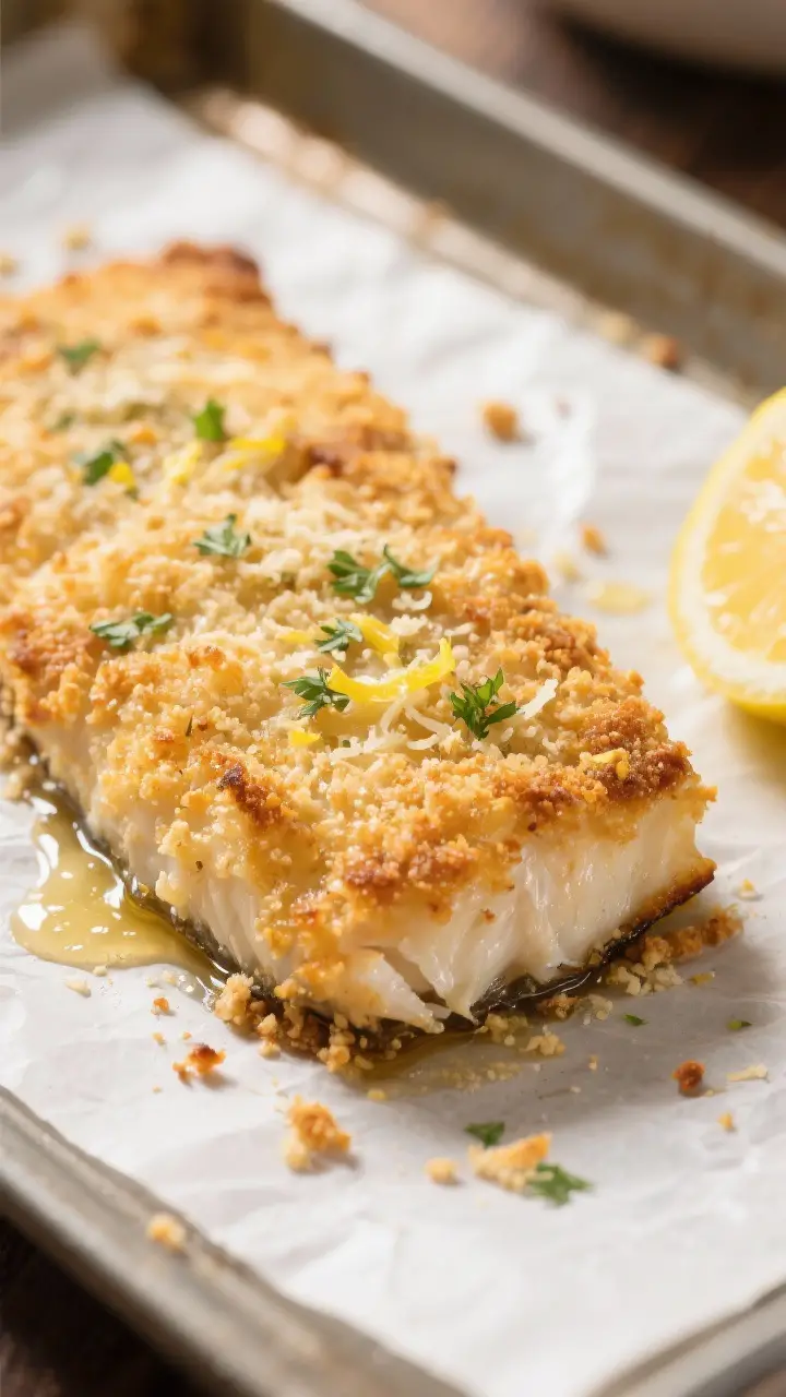 Close-up detail: Golden-brown Parmesan–panko crust on baked cod fresh from the oven, showing crisp